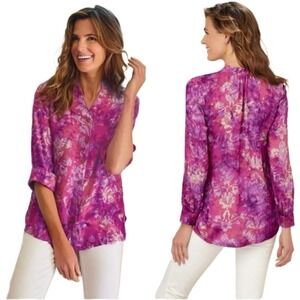 Soft Surroundings Big Island Shirt in Purple Tie Dyed Hawaiian Size Petite Small